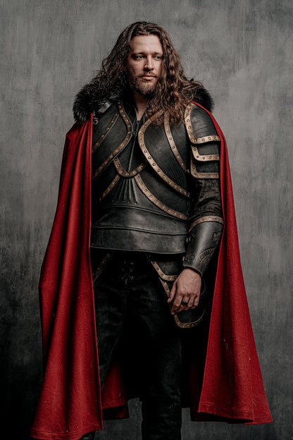 Dracula-inspired red cloak in Deep red with black textured trim, view 6