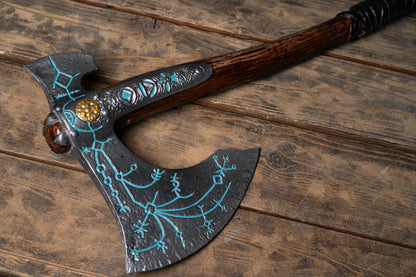 Kratos-inspired Leviathan axe cosplay prop in Brown and silver, view 7
