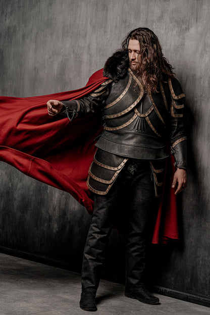 Dracula-inspired red cloak in Deep red with black textured trim, view 7