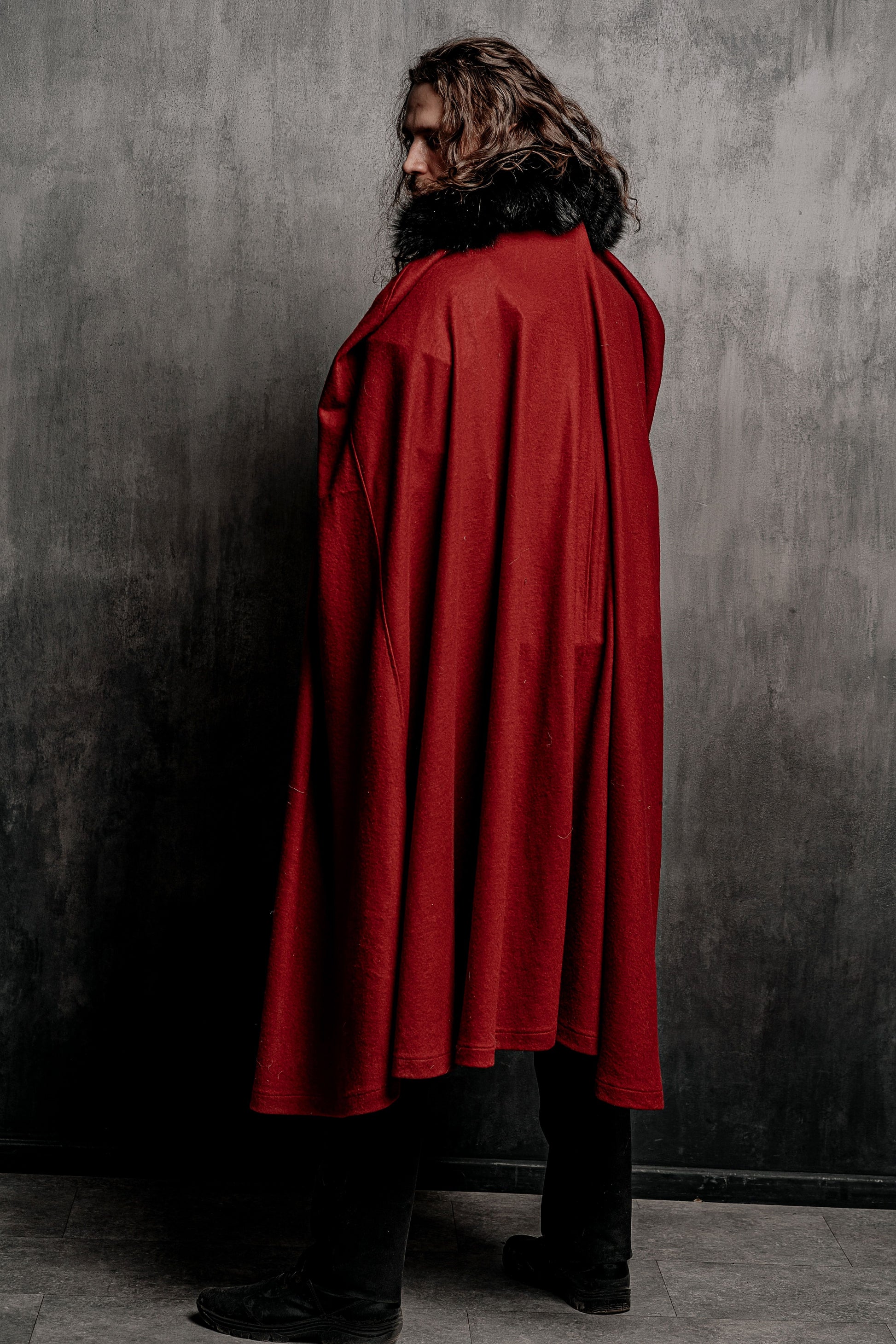 Dracula-inspired red cloak in Deep red with black textured trim, view 8