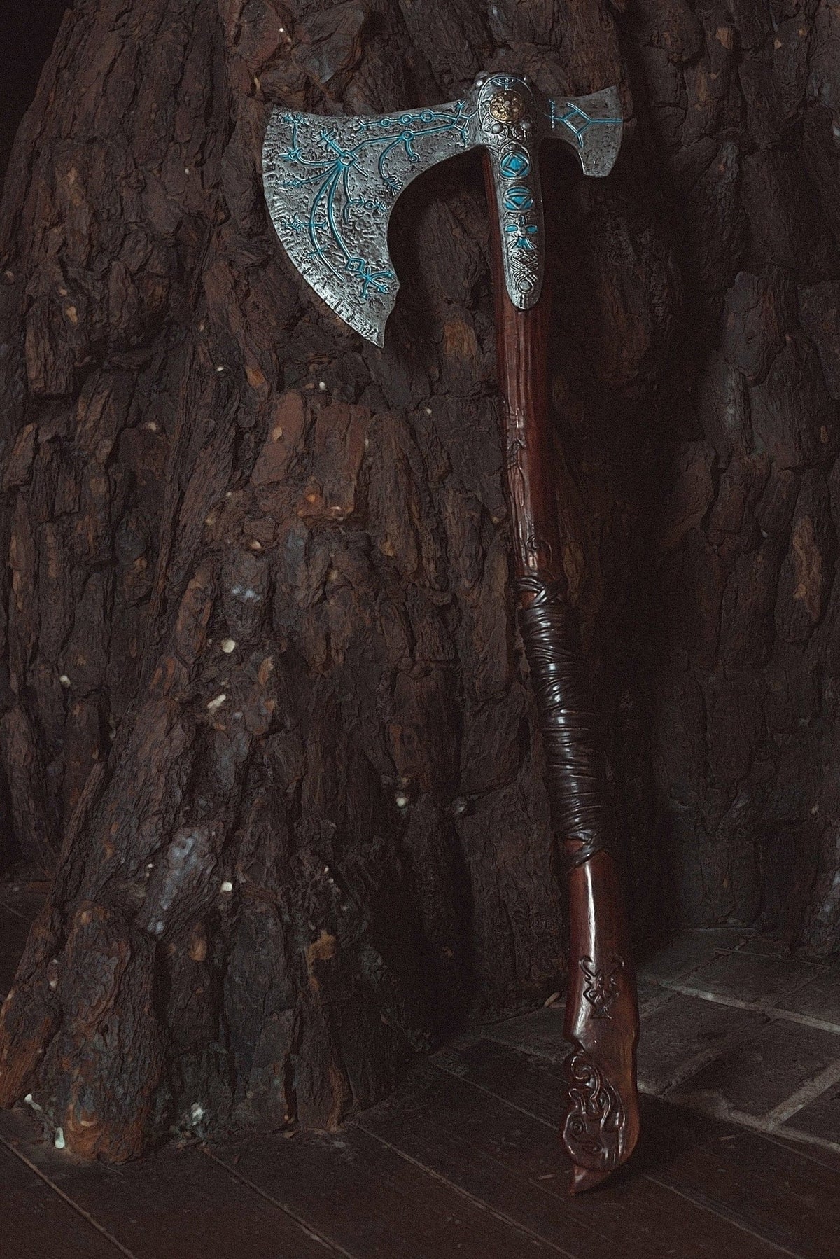 Kratos-inspired Leviathan axe cosplay prop in Brown and silver, view 11