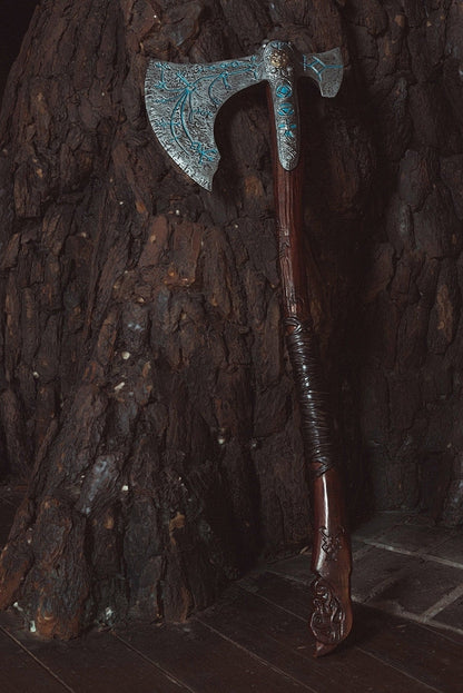 Kratos-inspired Leviathan axe cosplay prop in Brown and silver, view 11