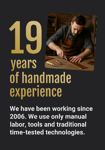 Person working with tools on a wooden surface, text about 19 years of handmade experience and business details.