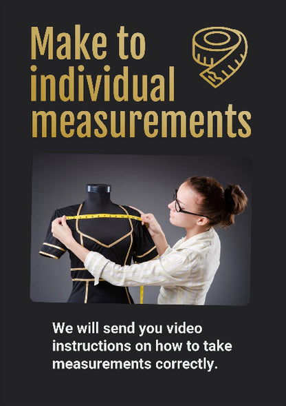 Person measuring a mannequin with text about individual measurements and video instructions.