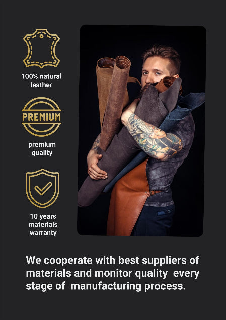 Person holding a pair of brown leather boots with text about material quality and warranty on a dark background