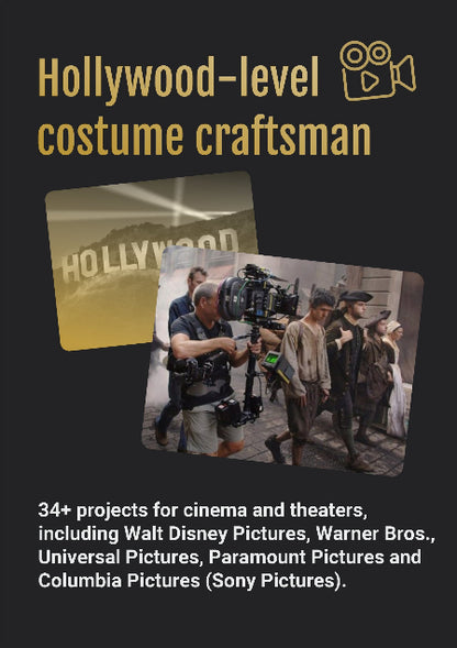 Promotional graphic for Hollywood-level costume craftsman with a camera crew and 'Hollywood' sign.