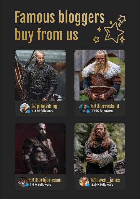 Promotional graphic with images of people in Viking attire and social media handles on a dark background.