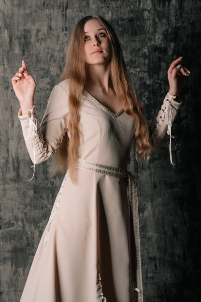 Elegant Lace-Up Beige Dres