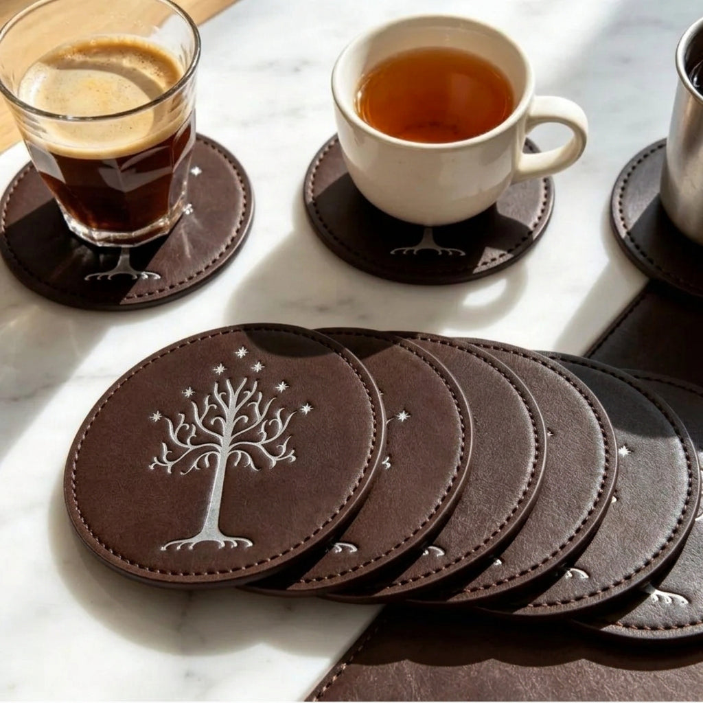 Brown White Tree leather coasters displayed with coffee, tea and drinking cups