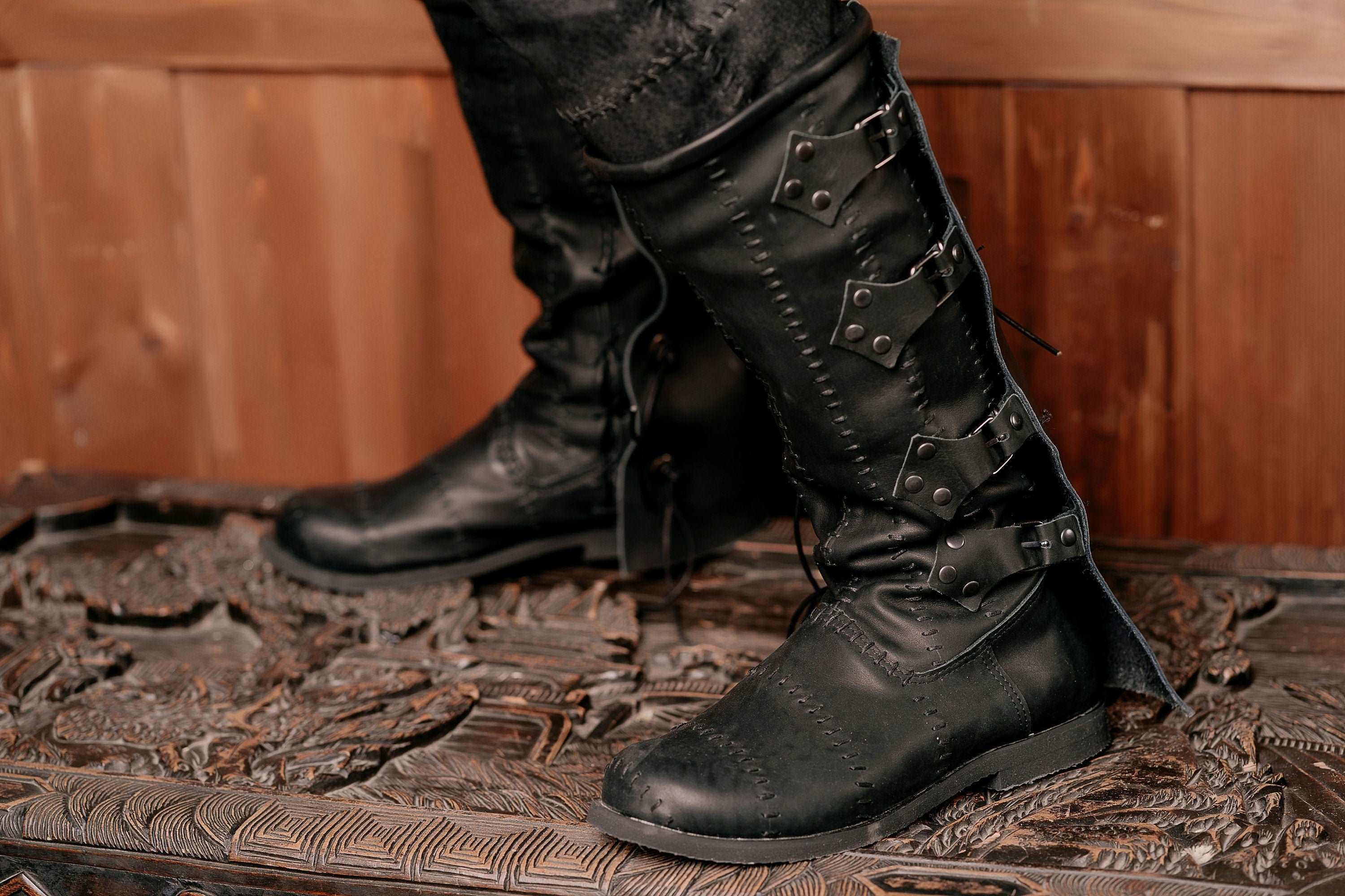 Black leather 2025 boots with buckles