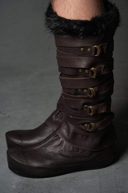 Medieval Men's Brown Leather Boots "Assassin" / boots set: greaves + shoes / LARP / SCA / Ren Fest Cosplay / Chaussures Medieval