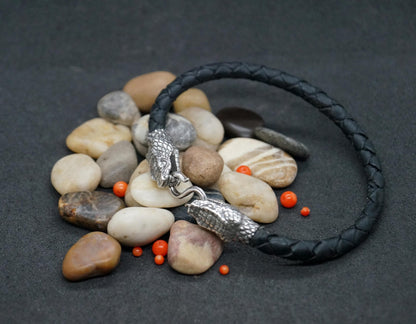 Silver Snake's Heads Leather Black Braided Bracelet