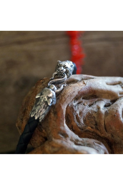 Silver Tiger's Heads Leather Black Braided Bracelet