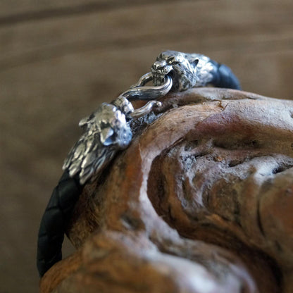 Silver Tiger's Heads Leather Black Braided Bracelet