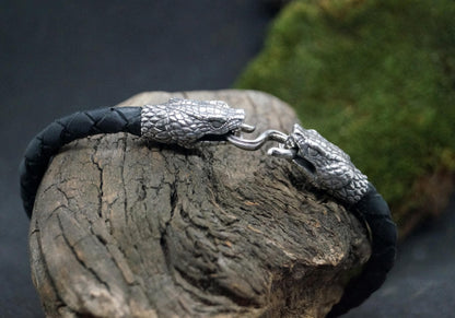 Silver Snake's Heads Leather Black Braided Bracelet