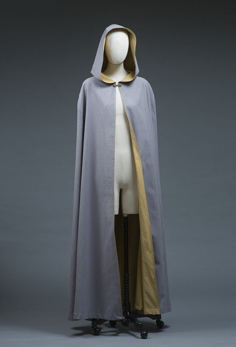 Full-length gray-lilac cotton hooded cloak with yellow lining, front view