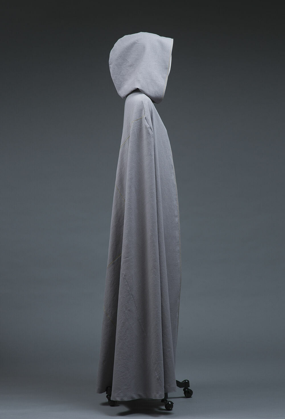 Full-length gray-lilac hooded cloak, side view