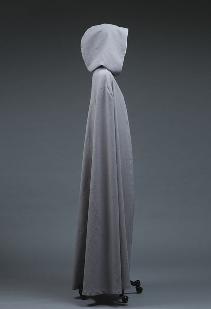 Full-length gray-lilac hooded cloak, side view