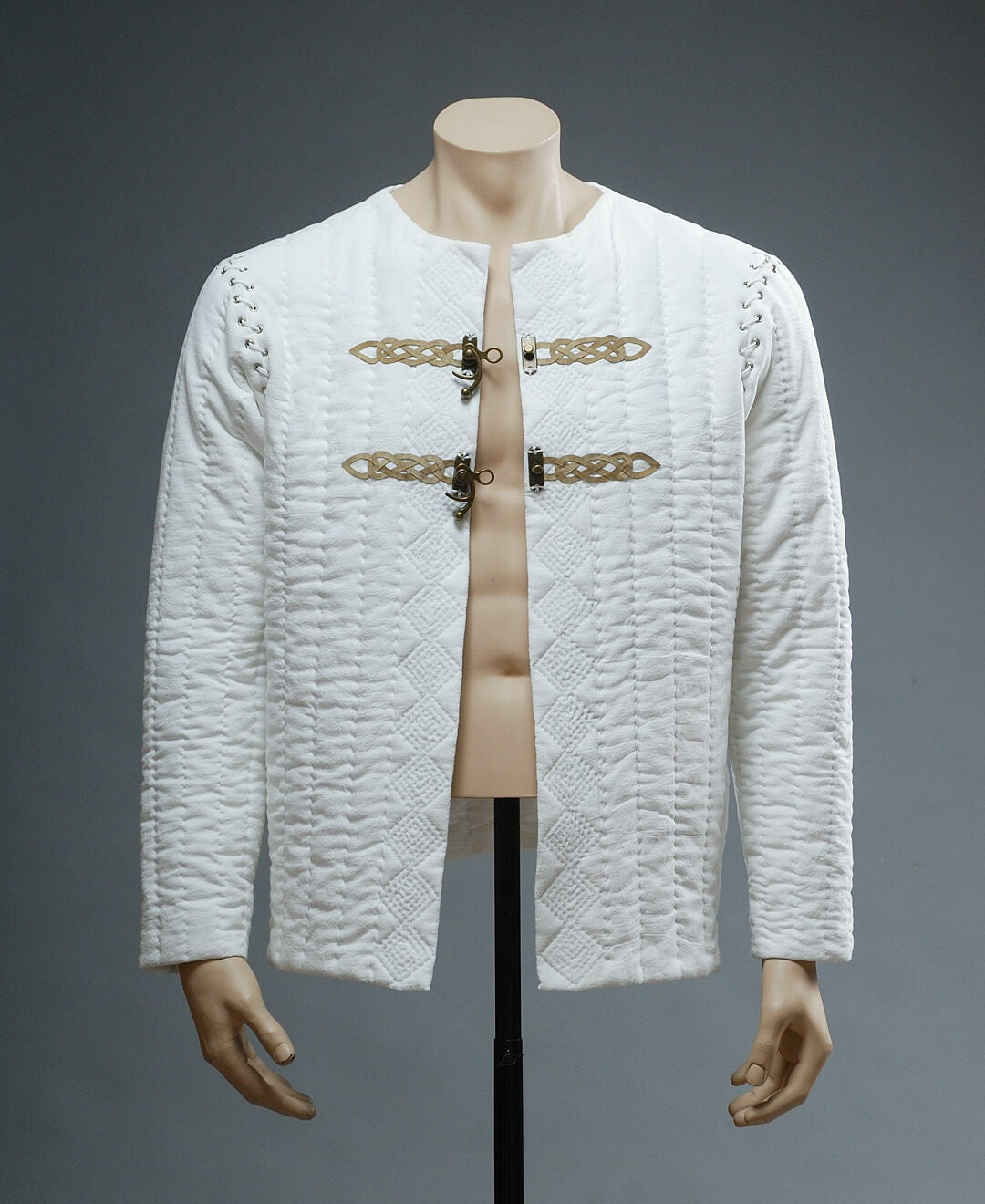 Ivory quilted cotton King Arthur inspired jacket, front view