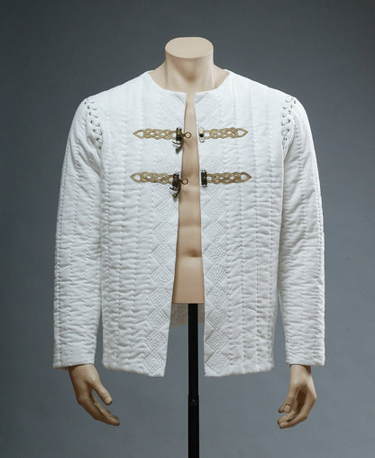 Ivory quilted cotton King Arthur inspired jacket, front view