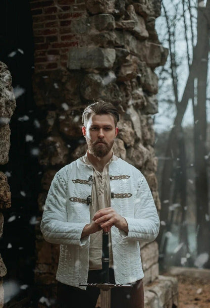 Ivory quilted cotton jacket worn at stone ruins