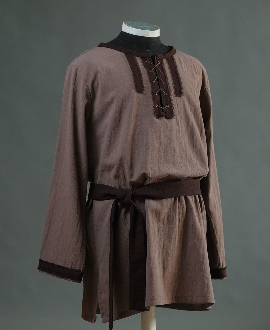 Medieval cotton shirt with linen belt, front view