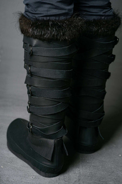 Assassin black leather low boots + greaves with fur - SokolArmory