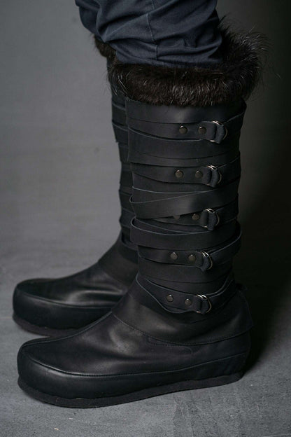 Assassin black leather low boots + greaves with fur - SokolArmory