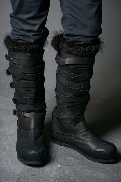 Assassin black leather low boots + greaves with fur - SokolArmory