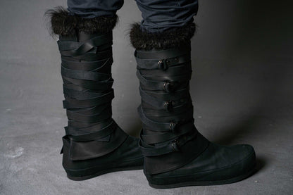 Assassin black leather low boots + greaves with fur - SokolArmory