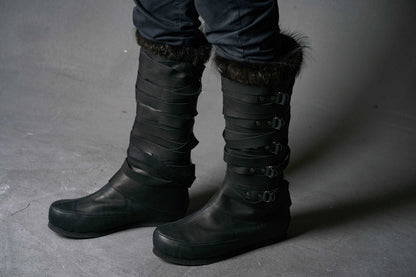 Assassin black leather low boots + greaves with fur - SokolArmory