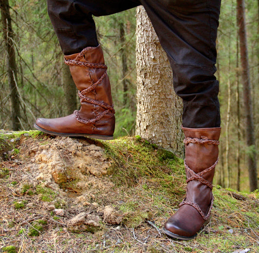 Medieval leather high boots with ties - SokolArmory