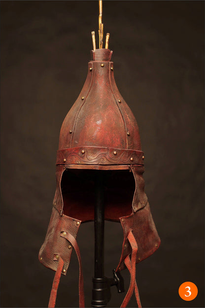 Medieval battle leather helmet