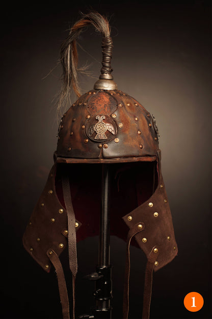 Medieval battle leather helmet