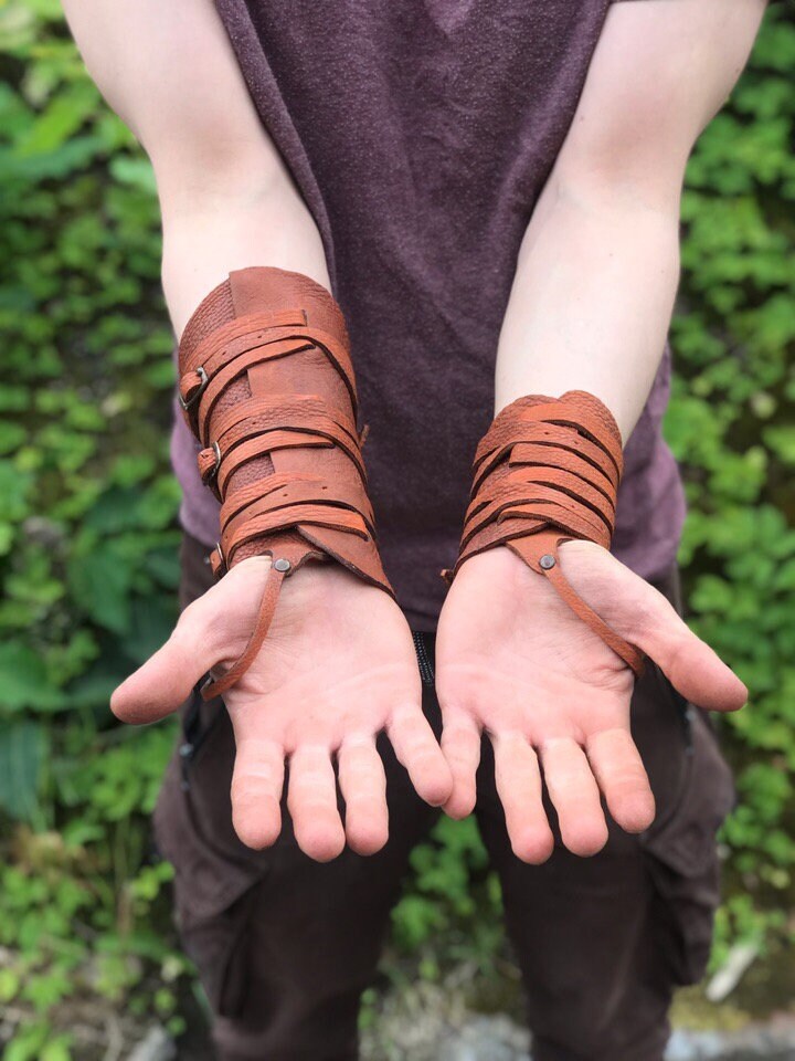 Medieval leather bracers with ribbons