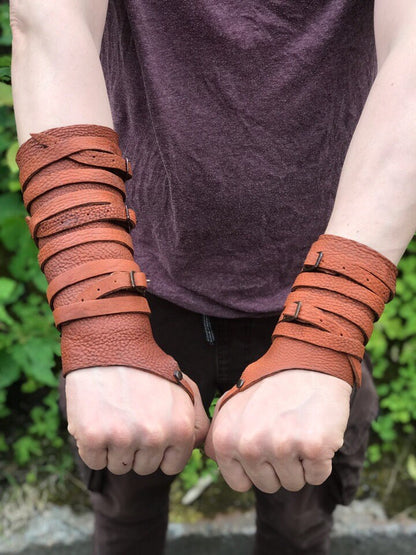 Medieval leather bracers with ribbons