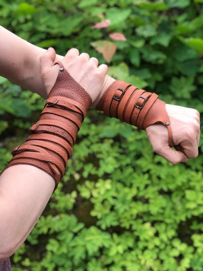 Medieval leather bracers with ribbons