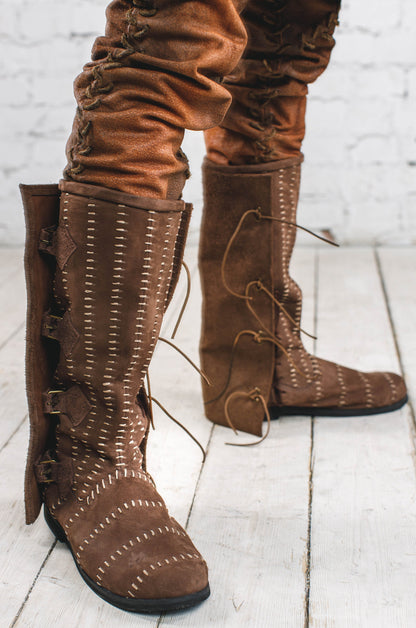 Medieval leather high boots with buckles