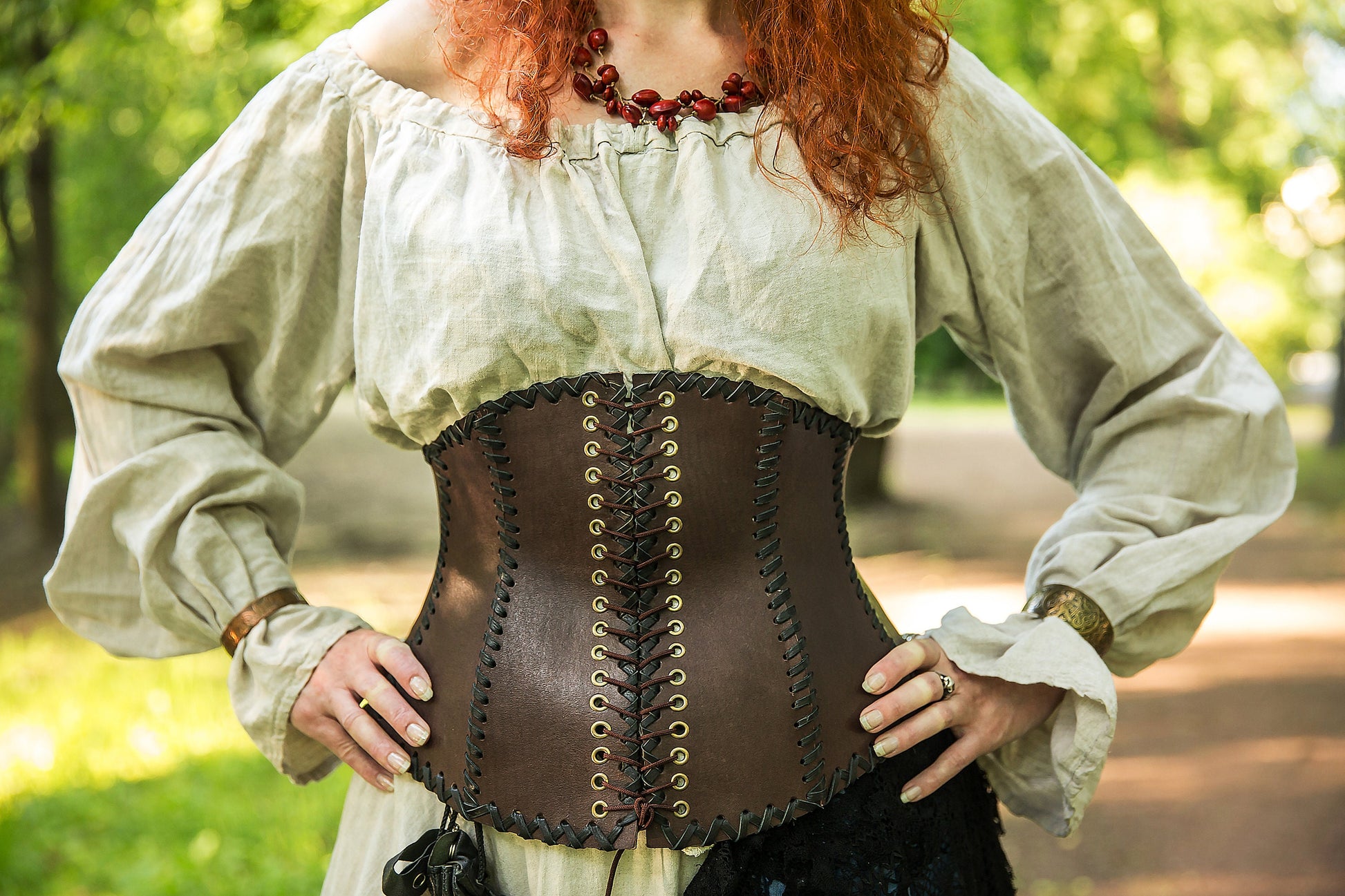 Leather dark brown corset belt “Forest witch” – SokolArmory