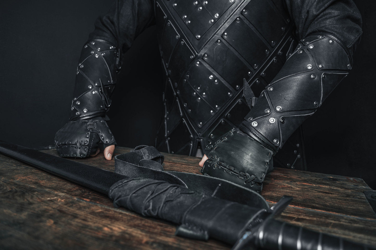 Medieval leather bracers with hand protection