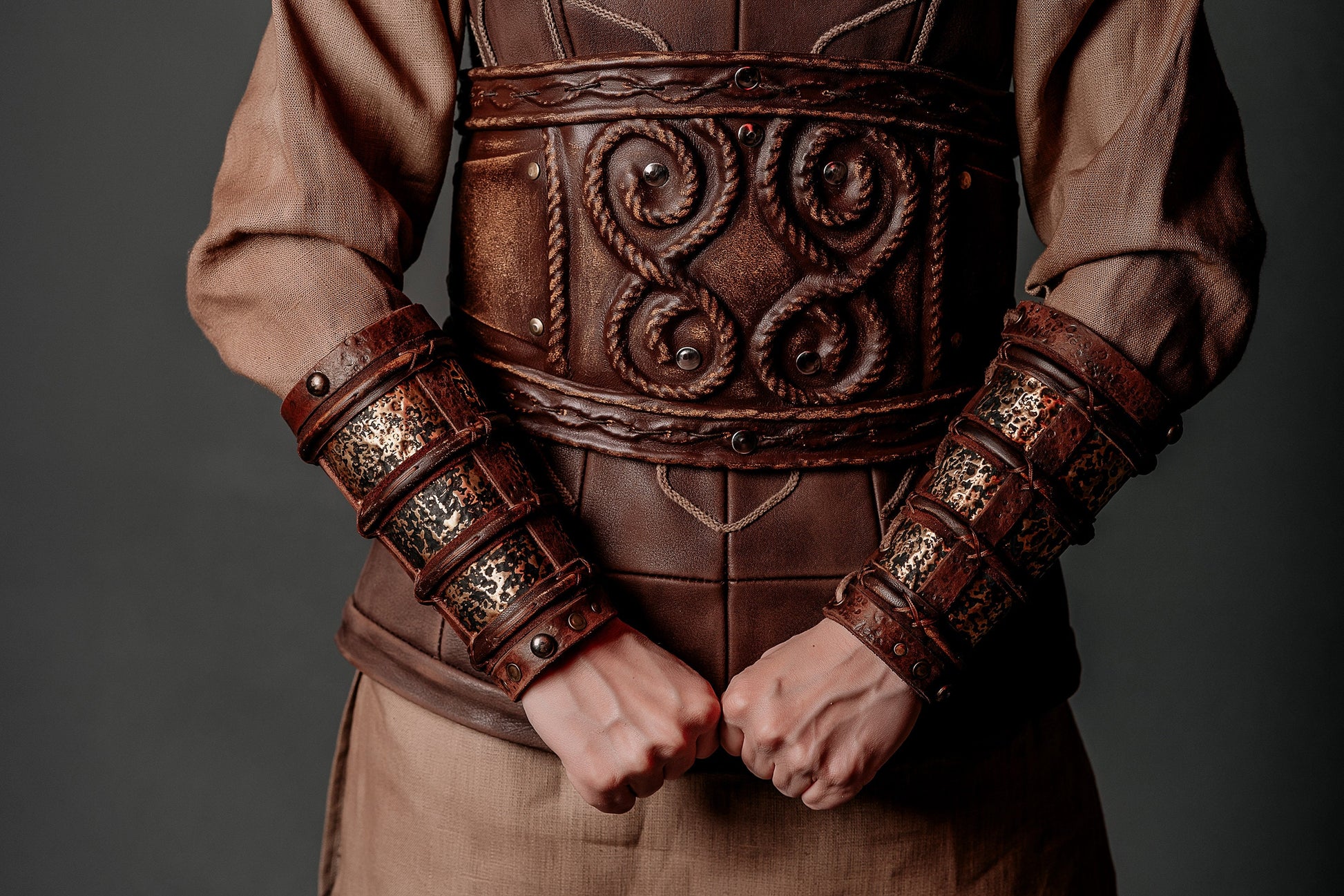 Leather bracers from armor costume in style of Bëor the Old