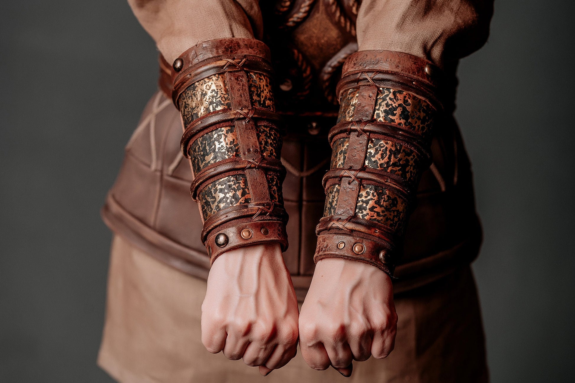 Viking Leather Bracers with Brass Accents